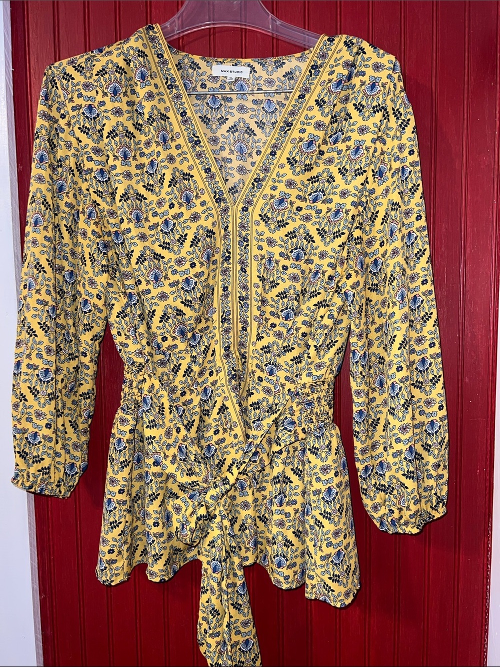 Max Studio Yellow Floral Tie-Front Wrap Blouse